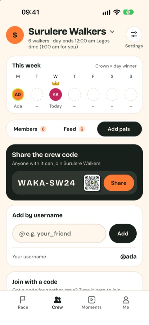 Add pals: the crew code WAKA-SW24 with a QR code and Share, and Add by username