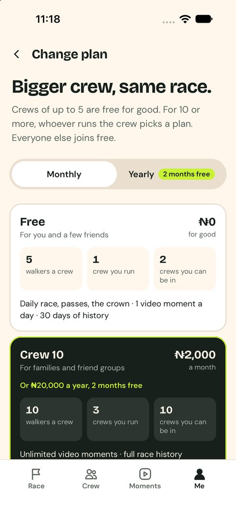 Change plan: Free and Crew 10 side by side