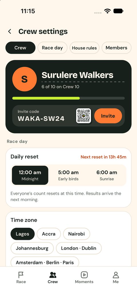 Crew settings: invite code, race day, time zone