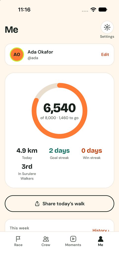 The Me tab: steps today, distance and streaks