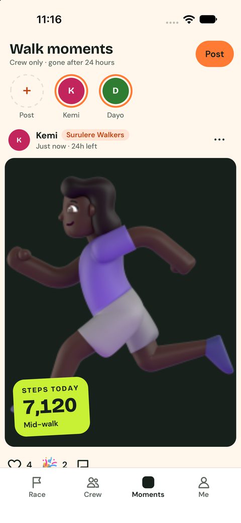 The Moments feed with a walk photo and a steps sticker