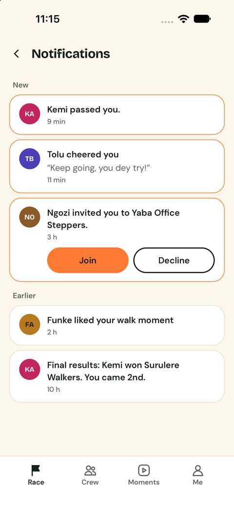 The notifications screen with a pass, a cheer, an invite and results