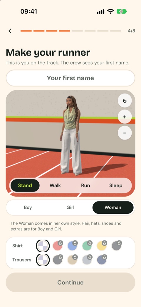 Make your runner: first name, the runner on the track, Boy, Girl or Woman and colours
