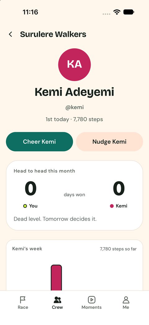 Kemi’s page with Cheer and Nudge buttons