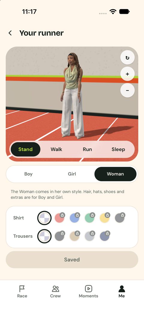 The runner screen with outfit colours