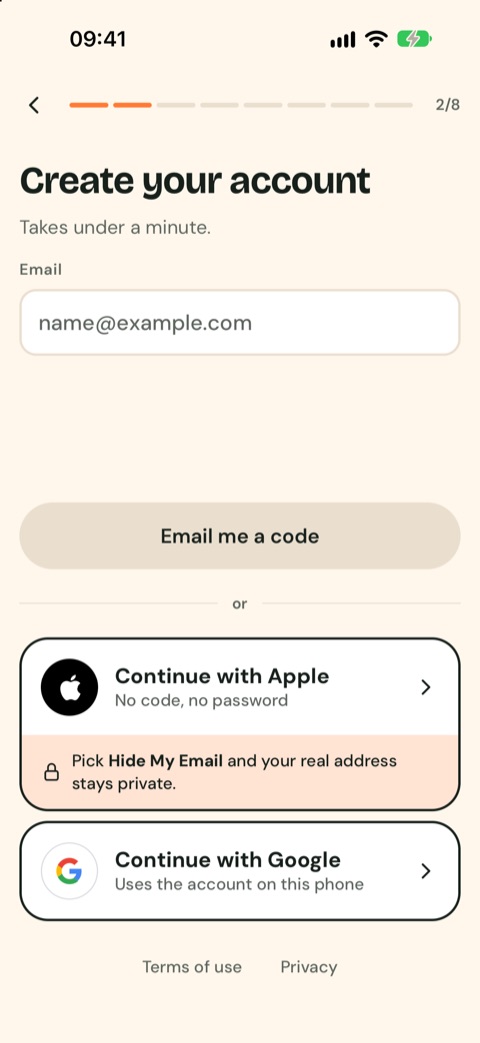 The Create your account screen: email, Continue with Apple, Continue with Google